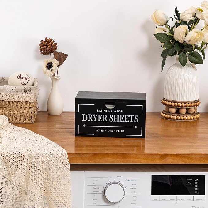 HouseJoy Dryer Sheet Holder-Black Dryer Sheet Container with Lid,Wooden Laundry Room Organization and Storage,Rustic Farmhouse Dryer Sheet Dispenser for Laundry Room Decor,Fabric Softener Containers