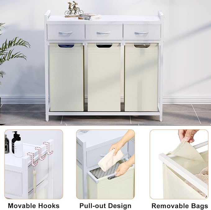 Laundry Hamper, Laundry Sorter 3 Section, Rolling Laundry Basket with Wheels, 3 Drawers, 3 × 14.5 Gal (55 L), Pull-Out and Removable Oxford Fabric Bags, White and Beige