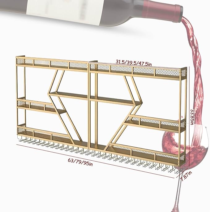 95in Wall Mounted Wine Rack, Large Metal Wine Bottle Holder,3 Tier Modern Fashion Diamond Shaped Floating Bar Unit Wine Storage Shelves, for Home Restaurant Bars Decor (Gold, 3 Tier - 95in)