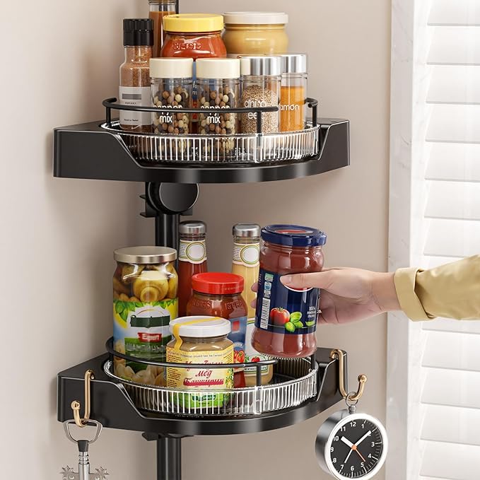 Standing Spice Rack Organizer, Counter Corner Double Tier Lazy Susan, Height Adjustable 360 Rotating Storage Rack with Hooks for Kitchen & Bathroom Corners (Black)