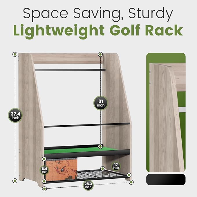Golf Bag Organizer Rack – Large Wooden Golf Storage for 2 Bags, Clubs & Accessories with Dustproof Drawer, Sports Equipment Rack for Garage, Practice Room, Home or Office (Black)
