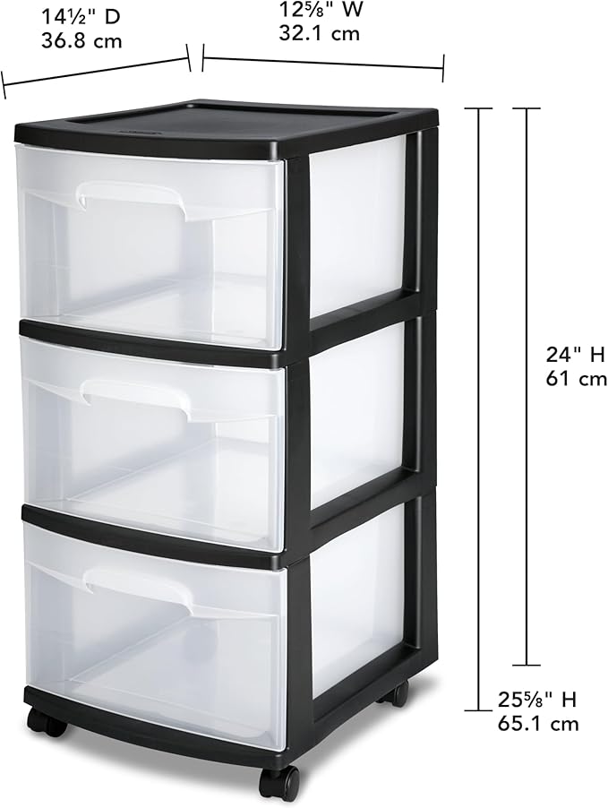 3-Drawer Plastic Cart with Clear Drawers & Removable Wheels - Space-Saving Home/Office/Dorm Organizer for Craft Supplies, Office Essentials & Bedroom Items (Black)