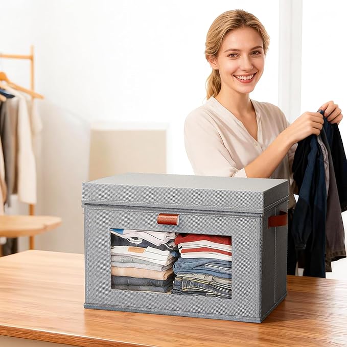 2-Pack Large Storage Bins with Lids,Stackable&Collapsible Closet Storage Bins,Oxford Fabric Organizer Box with Clear Window,Large Decorative Storage Boxes for Closet,Dorm16.5"x11.8"x11"