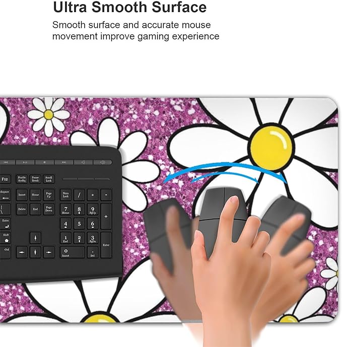 Purple Sparkling Daisy Large Mouse Pad, Flowers Gaming Desk Mat, XXL Keyboard Desk Pad Mat for Desktop, 35.4"x15.7" Non-Slip Base Big Mousepad with Stitched Edges