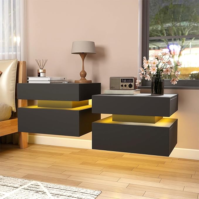 Floating Nightstand Set of 2,Modern Bedside Tables with LED Light for Bedroom,Small Night Stands with Drawers, Wall Mounted End SideTables Set for Living Room