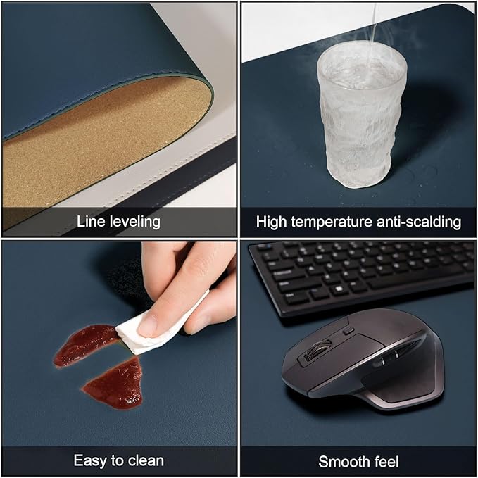 DAWNTREES Dual Sided Desk Mat,Leather Desk Pad,35.5"x17",Cork Desk Mat Protector,with PU Leather Valet Tray Organizer,Large Mouse Pad,Desk Writing Pad for Office and Home(Dark Blue)