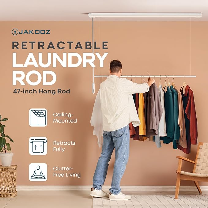 Retractable Ceiling Mounted Clothes Drying Rack for Clothing – 52.4" Pull-Down Laundry Rod Clothes Hanger Space Saving Design for Apartments & Indoor Air Drying – Ceiling Hanging Laundry Rack