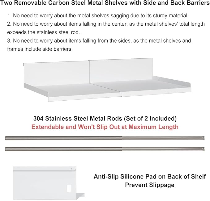 Expandable Under Cabinet Shelf Organizer with 1.25 Inches Thick Clips, Heavy Duty Extendable Under Shelf Storage Basket for Pantry or Laundry Room, White, 2 Pack, Interior: 5.7" H x 8.54" D