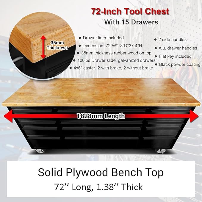 2 Pack - 72" Rolling Tool Chest with 15 Drawers + 3 Upper Cabinets, Matte Black Mobile Workbench, Lockable Large Tool Box with Wheels for Garage (1 × HTC7218PC + 1 × HTC7215PC-1)