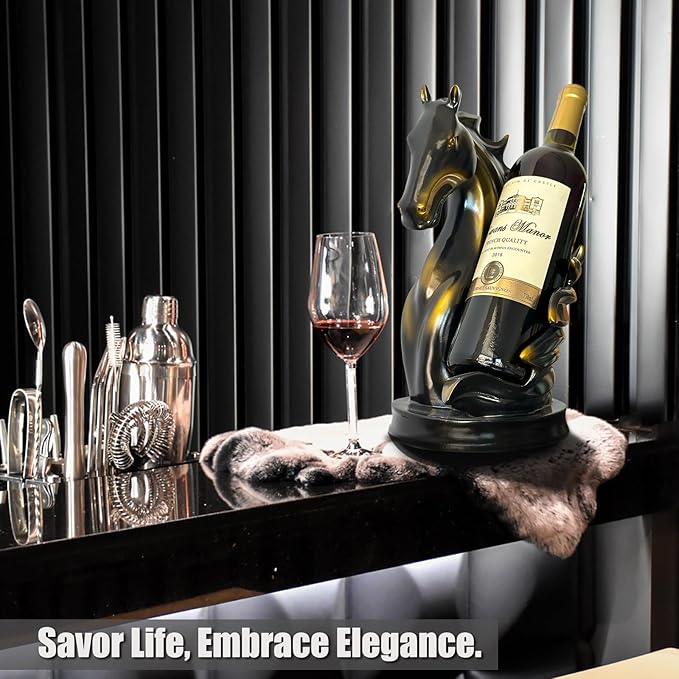 Wine Bottle Holder Wine Racks Tabletop Horse Statue as Home Kitchen Wine Cellar Decorative Storage Organizer, Horse Sculpture Horse Decor Horse Gifts for Girls Men Women (Black)