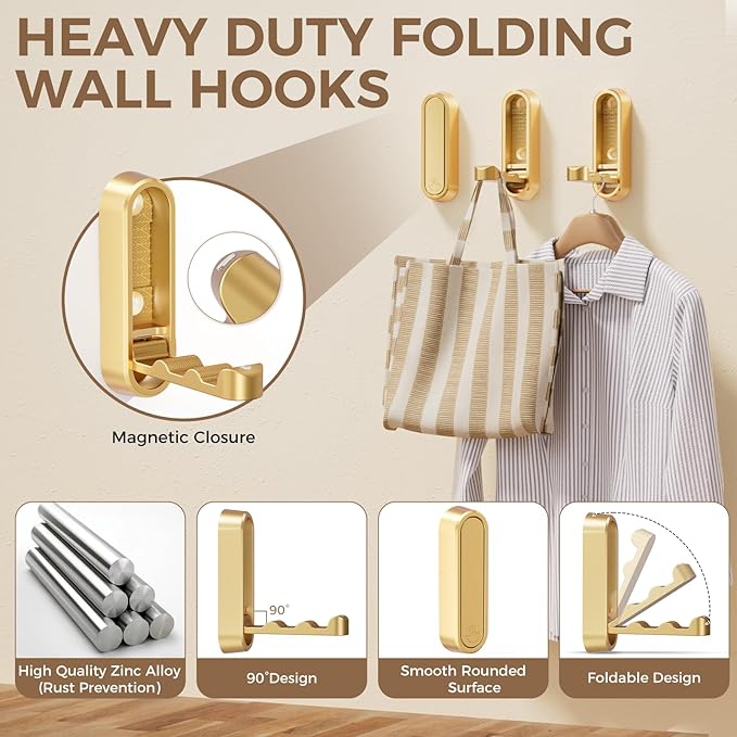 4-Pack Heavy Duty Zinc Alloy Folding Wall Hooks for Bathroom, Kitchen, Entryway, Closet - Space-Saving Design Holds Coats, Towels, Backpacks, Hats, Keys (Gold)
