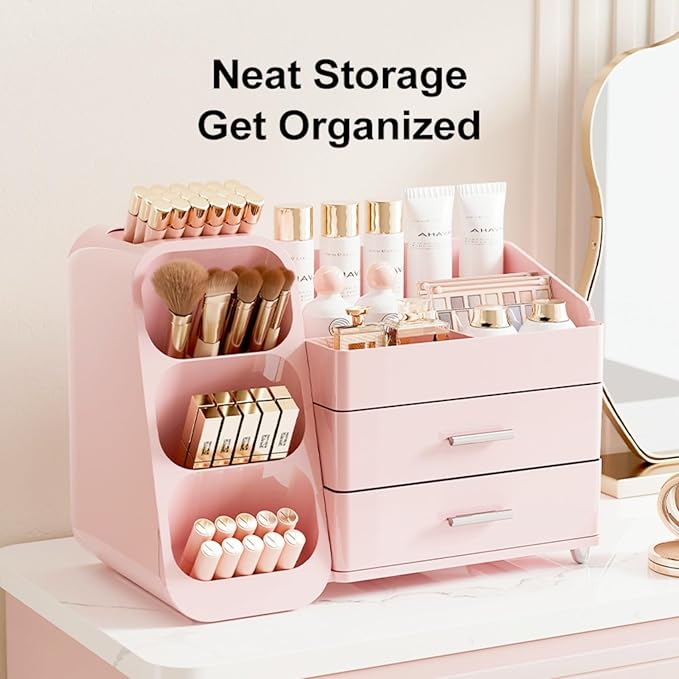 Makeup Organizer with Drawers,Large Capacity Countertop Organizer for Vanity,Bathroom and Bedroom Desk Cosmetics Organizer,Easy To Storage Skincare,Brushes,Lotions,Lipstick (All Pink)