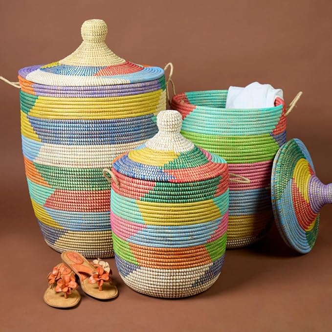 Decorative Colorful Wicker Basket Set, Home Storage and Organization, Laundry, Blankets, Toys, Clothes, Hamper, Bin, Sturdy, Round, Hand Woven, 3pcs