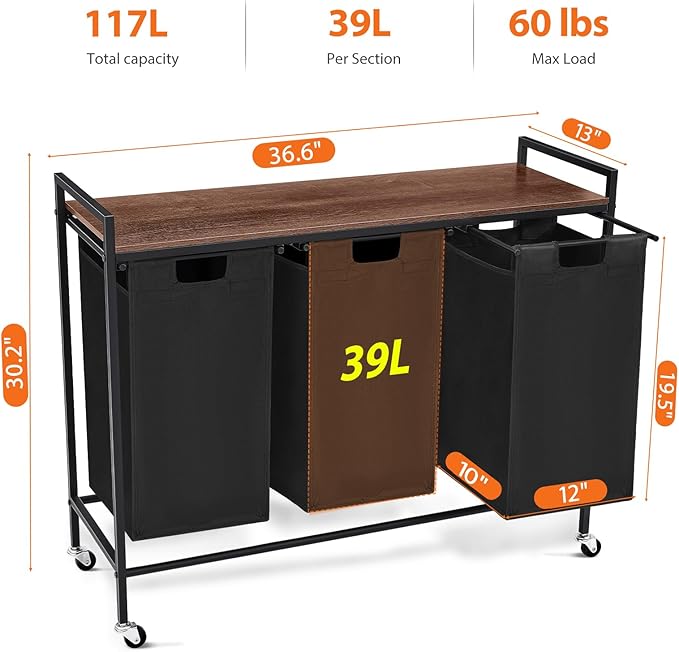 Laundry Sorter 3 Section, Rolling Laundry Hamper with Shelf, 3 Compartment Laundry Basket with Lid, Organizer Rustic Wooden Top