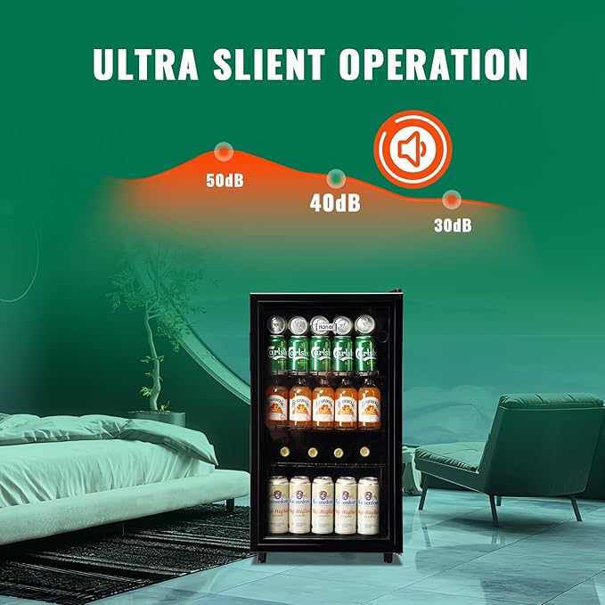WANAI Mini Fridge Glass Door 120 Cans Beverage Refrigerator Small Wine Cooler Clear Front Drinks Fridge for Soda Beer Bar Home Office with 7 Thermostat LED Lights