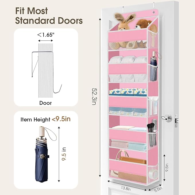 5-Tier Over The Door Organizer Hanging Storage Organizers with Clear Window 40lb Large Capacity Room Organizer for Pantry Bathroom Nursery Closet(Pink)
