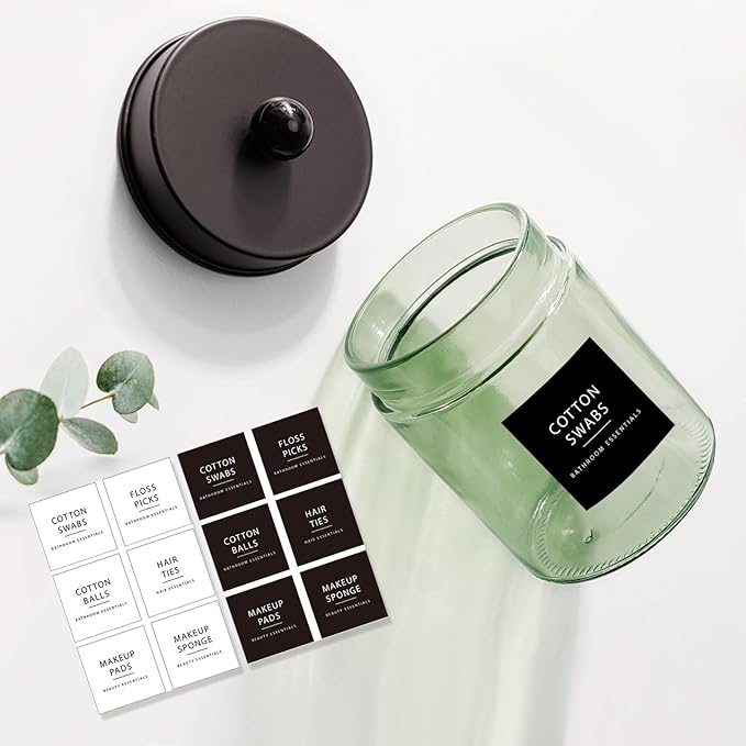 Amolliar Sage Green Apothecary Glass Jar With Metal Lid & Stickers, Bathroom Qtip Holder Storage Canister, Farmhouse Decor for Cotton Balls, Cotton Swabs, Makeup Pads, Bath Salt, Floss, Bronze 1 Pack