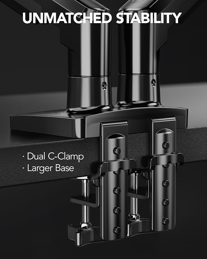 HUANUO Dual Monitor Stand, Fully Adjustable Monitor Desk Mount for 13–32″ Computer Screens, Full Motion VESA 75x75/100x100 with C-Clamp & Grommet Base, Each Arm Holds 4.4 to 19.8 lbs