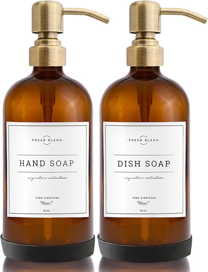 Vine Creations Amber Glass Soap Dispenser, 2 Pack Kitchen Soap Dispenser Set with Stainless Steel Pump, 16 oz Dish Soap and Hand Soap Dispensers for Bathroom with Waterproof Labels and Protective Pads