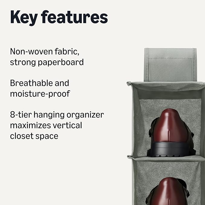 Amazon Basics 8-Tier Hanging Closet Shelf Shoe Organizer, 11.5 x 41 x 5.5 in, Dark Grey