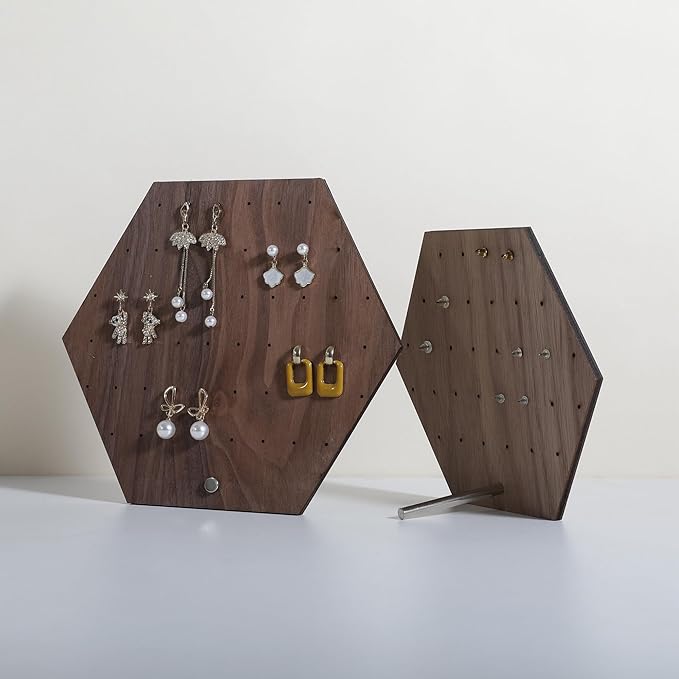 GemeShou Hexagonal Earring Organizer stand, Walnut Plywood Jewelry Display Board for Hanging earring studs, Perfect for Storing and Showcasing Your Jewelry Collection【Set of Two Size】