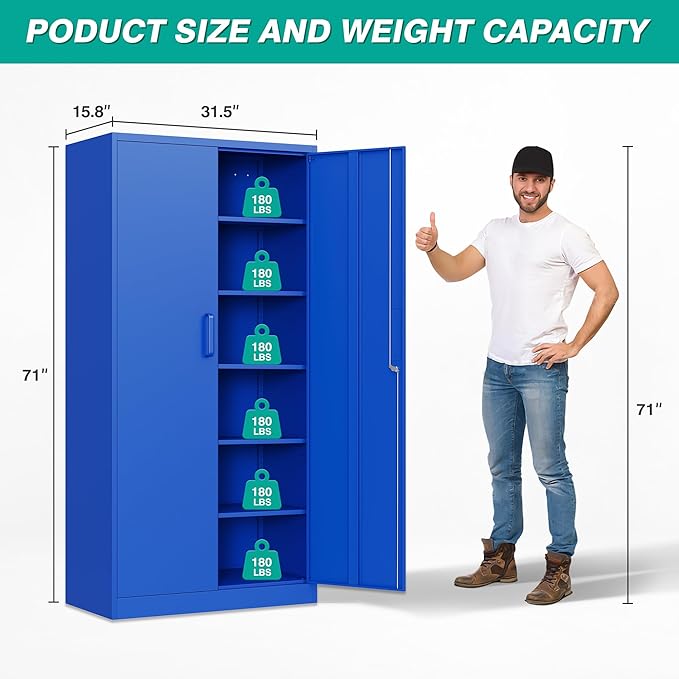 SISESOL Blue Metal Storage Cabinet with 6 Shelves,71" Garage Storage Cabinet with Lock,6 Tier Steel Cabinets with Locking Doors,Lockable Cabinets for Home,Office,Shop,Garage