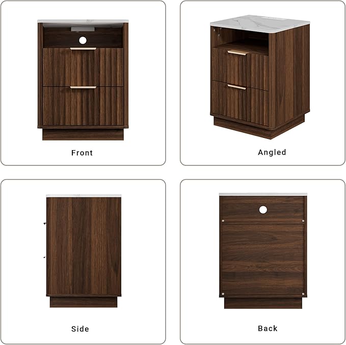 Fluted Night Stand with Charging Station, 18" Modern Nightstand with Faux Marble Top, 2 Drawers End Table with Storage, Bedside Table for Bedroom Living Room, Curved Profile Design(Walnut)