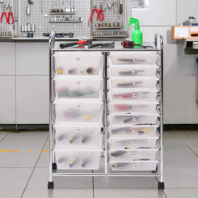 Giantex 15 Drawer Rolling Storage Cart Tools Scrapbook Paper Office School Organizer, Clear