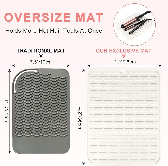 Oversize Silicone Heat Resistant Mat for Curling Irons, Flat Irons, Hair Straighteners and Hot Hair Styling Tools, Portable Hot Tools Sleeve Pad for Travel Vanity Salon(14.2" x 11.0")