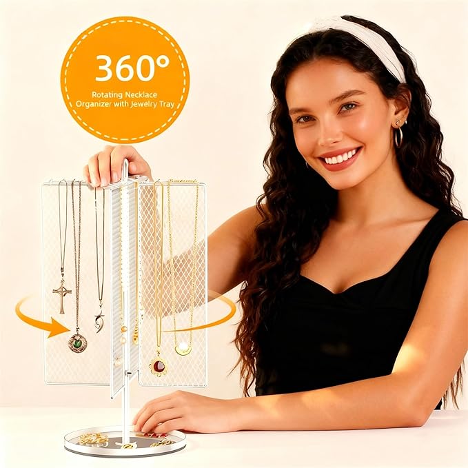 Rotating Necklace Holder Organizer, Necklace Storage Jewelry Stand, Metal Jewelry Stand with 40 Hooks for Necklace Earring Ring Bracelet Display Stand, Women Gifts - White