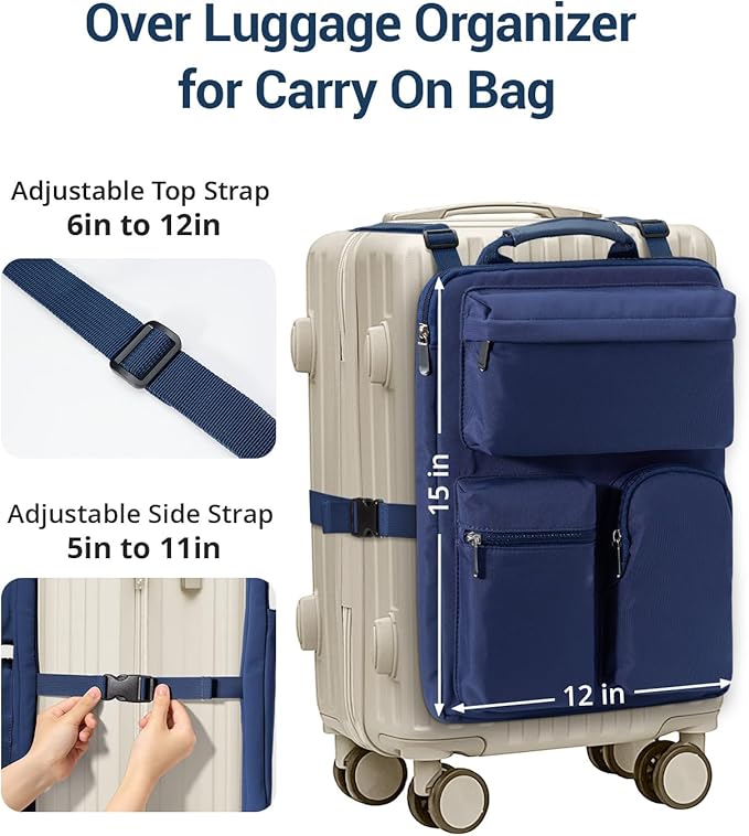 Over Luggage Organizer Bag for Suitcase with Multi Pockets, 16”Laptop Bag with Handle, Portable Travel Organizer Bags for Luggage with Adjustable Strap, Tote Carry Bag for Men Women(Navy Blue)