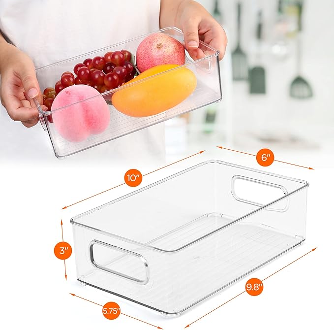 LotFancy Refrigerator Organizer Bins, 4 Pack,10x6x3 in, BPA Free Clear Plastic Storage Bins for Pantry Organization, Stackable Containers with Handles for Fridge, Kitchen Drawer, Freezer, Cabinet