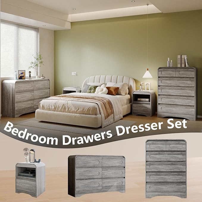 Grey Dresser for Bedroom with 6 Drawers, Tall Dressers & Chest of Drawers with Curved Profile Design, Modern Wood Closet Clothes Storage Dressers Organizer for Bedroom Living Room Hallway