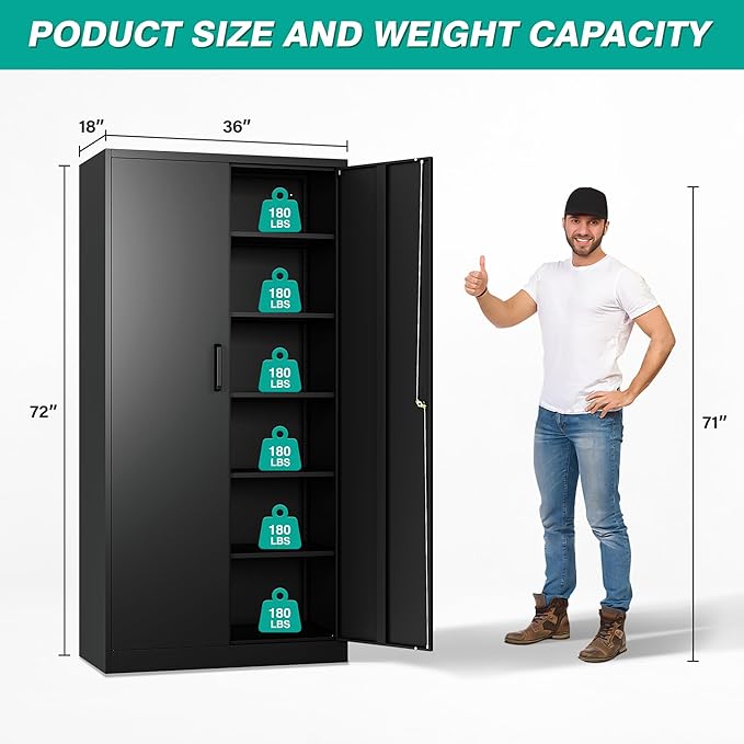 SISESOL Wide & Deep Metal Storage Cabinet with 2 Doors and 6 Shelves,72x36x18 Garage Storage Cabinet,Tall Black Locking Metal Cabinets with Lock,Steel Locked Cabinets for Home,Office,Garage,School