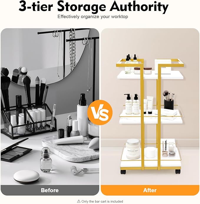 Multi Purpose Utility Cart, Storage Rolling Barber Cart with Wheels & Guardrail, Utility Manicure Trolley with 3-Tier Mobile Storage, Heavy Duty Trolley for Kitchen Living Room Studio