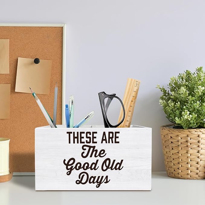 Inspirational Pen Holder for Desk, Motivational Quote Pencil Organizer, These Are the Good Old Days Positive Affirmation Wooden Box Sign Desk Decor for Home Office Decoration