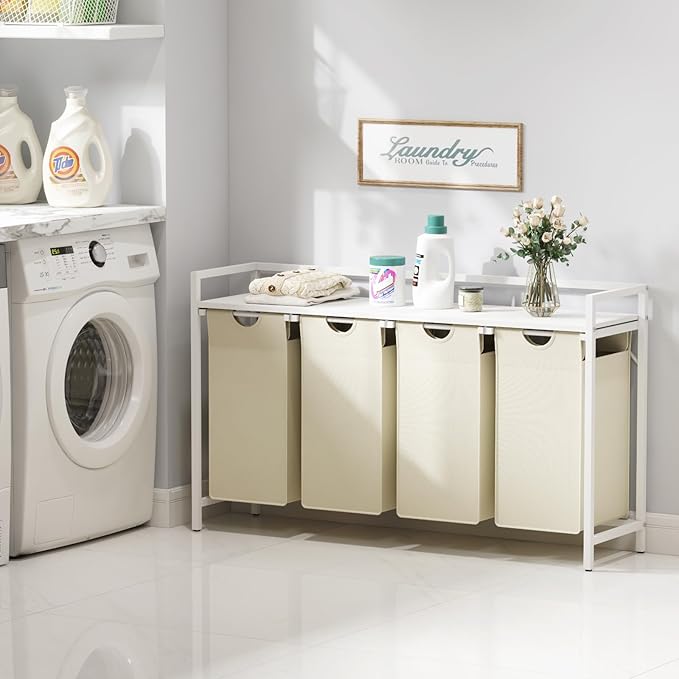 Lifewit Laundry Hamper 4 Section, 168L Pull out Laundry Clothes Basket Organizer with Large Top Shelf and 4 Removable Bags and Handles, Laundry Sorter for Laundry Room Bedroom Bathroom, White