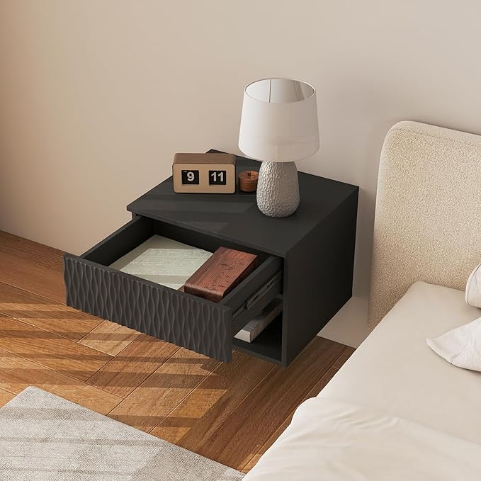 Floating Nightstand Set of 2,Modern Bedside Tables for Bedroom,Small Night Stands with Drawer and Open Shelf, Wall Mounted End SideTables Set for Living Room