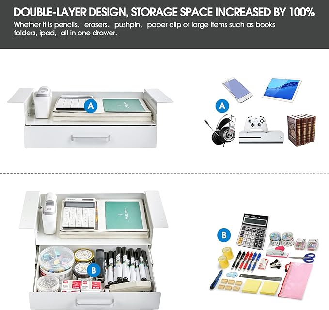 GOME White Under Desk Drawer Storage with Laptop/Book/Folders Shelf, Double Layer Easy Slide-Out Undermount Drawer Organizer with Ball Sliding Track for Home Office Sit-Stand Workstation
