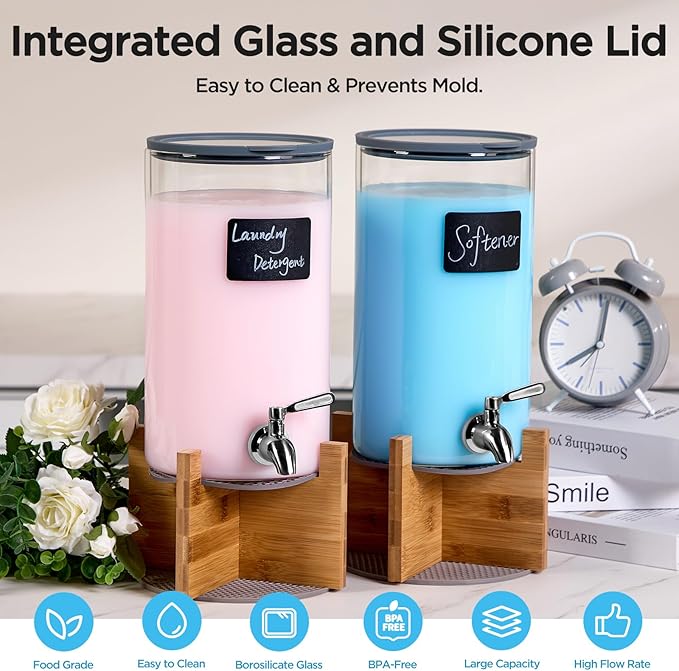Glass Laundry Detergent Dispenser with Holder,1.1 Gallon Laundry Liquid Dispensers with Stainless-Steel Tap,Large Glass Fabric Softener Containers with Stand for Laundry Room Organization