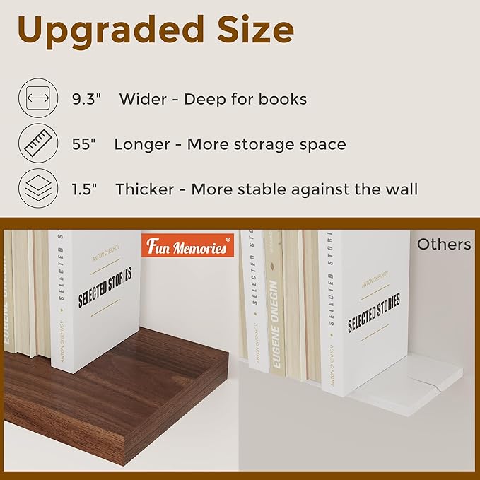 Fun Memories 55Inch Floating Shelves for Wall 1 Pack Shelves for Bedroom|Kitchen|Bathroom Wall Mounted Rustic Wood Floating Shelf with Invisible Brackets for Books|Storage|Decor, Walnut