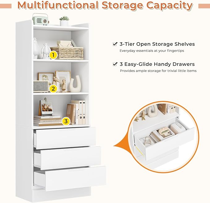 DICTAC Bookcase Set of 2 with 3 Drawers 73.23'' White Bookshelf Storage Cabinets with Shelves and Drawers Kitchen Pantry with Microwave Stand,Storage Organizer for Living Room,Office,Study, Bathroom