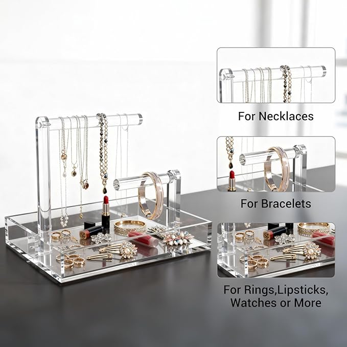 LUGUNU 2-Tier Bracelet Holder & Necklace Display Stand with Removable Trays, Acrylic Jewelry Organizers and Storage Box for Earrings, Rings, Watches, Vanity Tray for Dresser Countertop