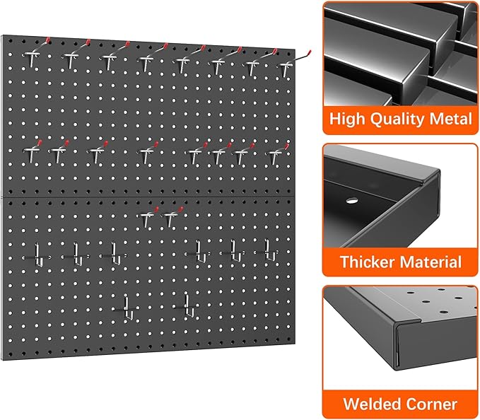 WALMANN Metal Pegboard Panels for Wall Garage Tools Storage Pegboard for Garage, Workbench, Modular Peg Board Tool Organizer Board(Pack of 2, Black)