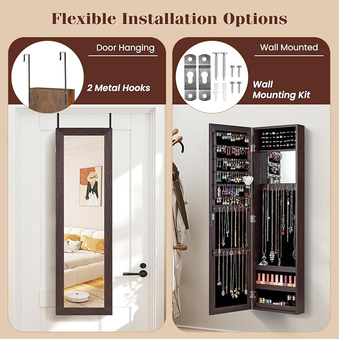 Giantex Wall Mounted Jewelry Cabinet with Full Length Mirror, Over The Door Jewelry Armoire Organizer with Large Storage, Makeup Mirror & Velvet Lining (Brown)