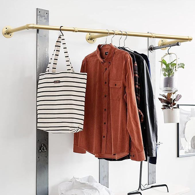 Wall Industrial Pipe Clothes Racks, DIY Floating Hanger Rustic Home Pipe Decor, Mounted Closet Storage Organizer Holder Systems, Heavy Duty Garment Rod Pole For Cloakrooms Bathroom Black Iron