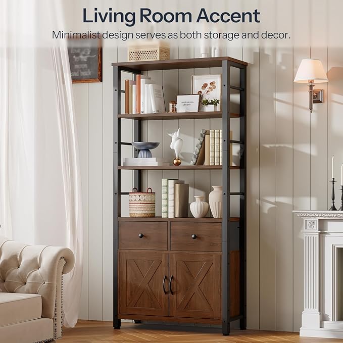 HOOBRO Bookshelf with Doors, Rustic Bookshelf with Drawers, Industrial Display Standing Shelf Units, Wooden and Metal Storage Shelf for Living Room, Home Office, Dining Room, Walnut and Black BH75SJ01