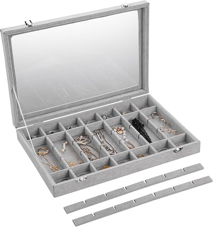 Frebeauty Velvet Jewelry Tray,35 Grid Jewelry Organizer with Clear Lid,Earring Holder Organizer Case with Clasp,Drawer Insert for Rings Studs,13.8 x 9.5 x 2 Inches,Gift for Women Girls(Grey)