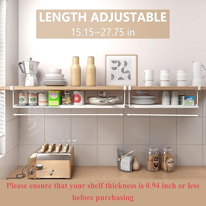 Expandable Under Cabinet Shelf, Extendable Under Shelf Storage with 0.94 Inches Thick Clips for Pantry Cabinet, Laundry Room, Shoe Rack.(White, 1 Pack, Interior: 3.66" H x 8.26" D)