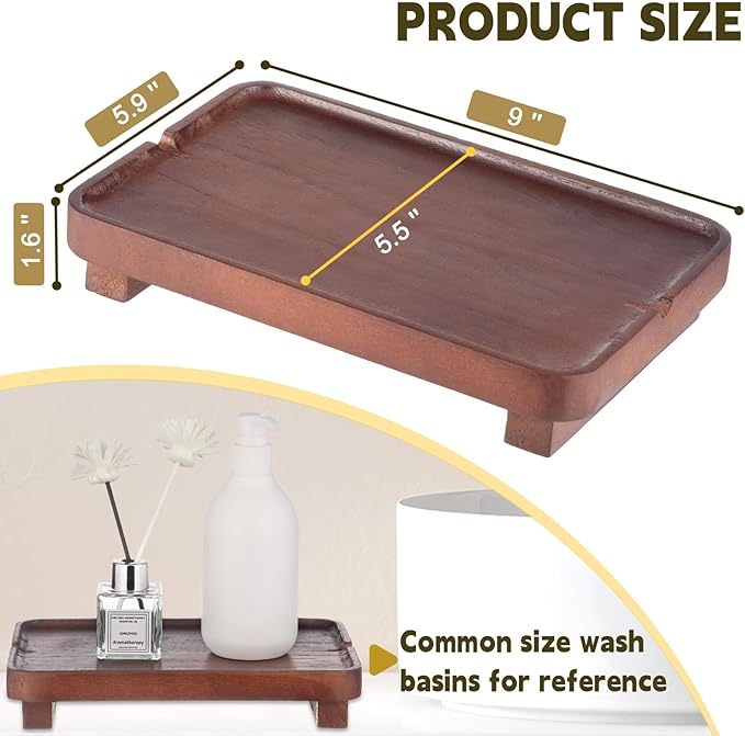 Wood Riser Small Decorative Tray Sink Soap Dish, Vanity Tray Pedestal Stand 9 x 5.9 inches (Dark Brown)